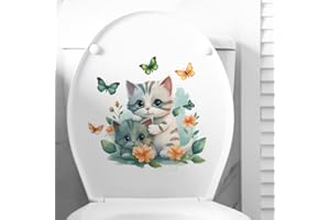 PALEERY@FC Cat Butterfly Flower Leaf Toilet Cover Sticker Decals,Cute Cat Sunflower Waterproof Toilet Lid Tank Seat Decals Cistern Self-Adhesive Bathroom Wall Sticker