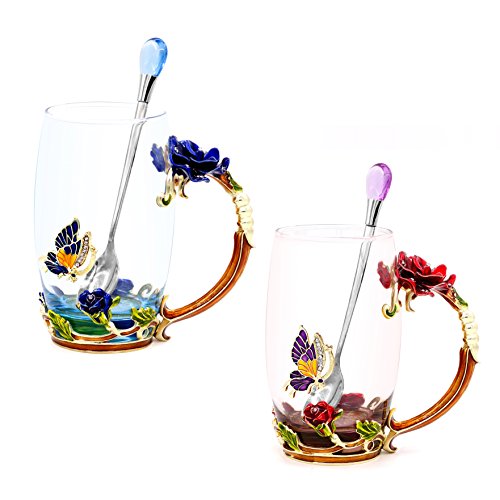 Daycindy 2 Pack Glasses Cup Enamel Tea Coffee Cups with Spoon Set (13oz, Blue & Red)