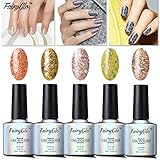FairyGlo Well-Picked 5 Colour Combo Glitter Gel Nail Polish UV LED Soak Off Shimmer Manicure Stareter Kit Mirror Finish Gorgeous Pro Nail Art Collection Gift Set 10ml 001