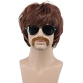 karlery Men 60s 70s Short Wavy Brown Wig with Mustache Sonny Bono Disco Hippie Singer Wig for Halloween Costume Party