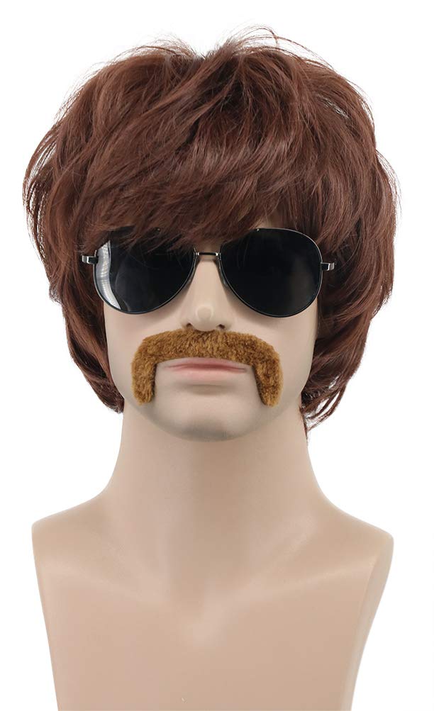 Karlery Adult Men Short Straight Brown Disco Wig California 70s 80s Rocker Moustache Wig Halloween Costume Cosplay Anime Wig — image 1