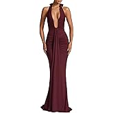 ABYOVRT Women Deep V Neck Ruched Maxi Dress Sleeveless Halter Gown Cocktail Evening Formal Dresses