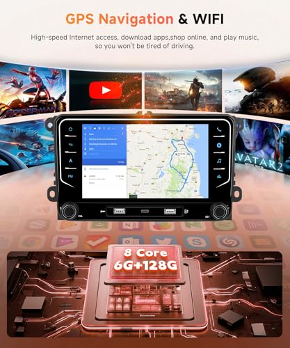 8 Core 6G+128G Android Autoradio pour VW Golf 5 6 Passat Polo Tiguan Touran Caddy Skoda Seat 7 Pouces Autoradio avec Sans Fil Carplay Android Auto GPS Navi WiFi Bluetooth FM/RDS/DSP EQ Caméra de Recul