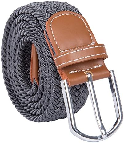 Men's Wide Elastic Woven Waist Belt Leather Buckle Loop Dark Grey CC0106-3