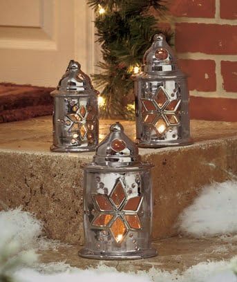 Set of 3 Porcelain Silver Snowflake Holiday Christmas Lanterns Small, 6-1/4" X 3-1/2" Diameter, Medium, 8" X 4-1/4" Diameter, Large, 9-1/2" X 5-1/4" Diameter
