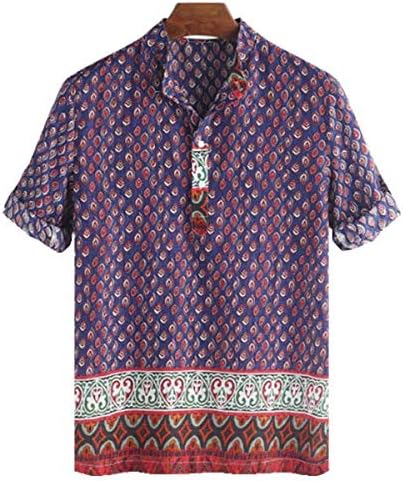 TENGGO Mens Ethnic Style Printed Half Sleeve Loose Casual T-shirts-Red-L