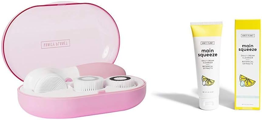 Vanity Planet Facial cleansing with Pink Glowspin Spin brush and Main Squeeze Daily Face Cleanser