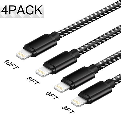 4 Pack Lightning Cable, Basse iPhone Cable (3FT 6FT 6FT 10FT) Nylon Braided Cord Charging Charger Cable for iPhone X/8 Plus/8/7 Plus/7/6 Plus/6/6s Plus/6s/5/5c/5s/iPad/iPod and More (Black and White)