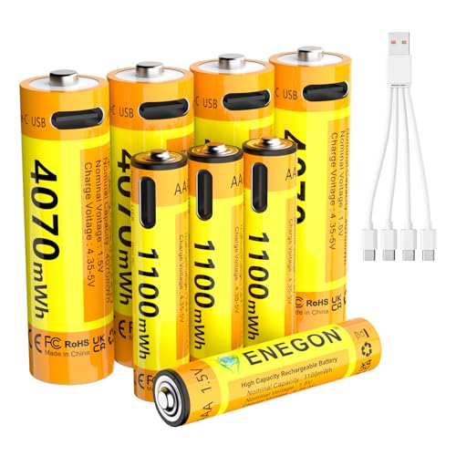 ENEGON Rechargeable AA & AAA Lithium Batteries, 4 Pack AA (4070mWh) and 4 Pack AAA (1100mWh) 1.5V Constant Voltage Batteries, Type-C Direct Fast Charge, 500+ Cycles, Built-in Safety Chip,forToys