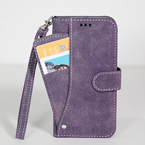 Samsung Galaxy S6 - Ultrasuede Folding Wallet Case with Slide out Card Holder and Wrist-Strap (Purple)