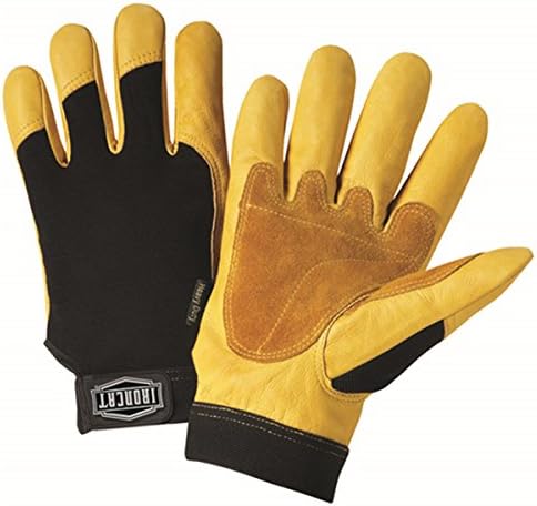 IRONCAT86350 Grain Cowhide Leather Gloves Large, Black Spandex with Gold Leather, Hook and Loop Elastic Wrist