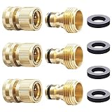 HQMPC Garden Hose Quick Connect Solid Brass Quick Connector Garden Hose Fitting Water Hose Connectors 3/4 inch GHT (3 Sets)