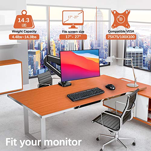 Single Monitor Desk Mount Stand - PUTORSEN Articulating Gas Spring Monitor Arm, Adjustable VESA Mount Desk Stand with Clamp and Grommet Base - Fits 17 to 27 Inch Computer Screens, Hold up to 14.3lbs