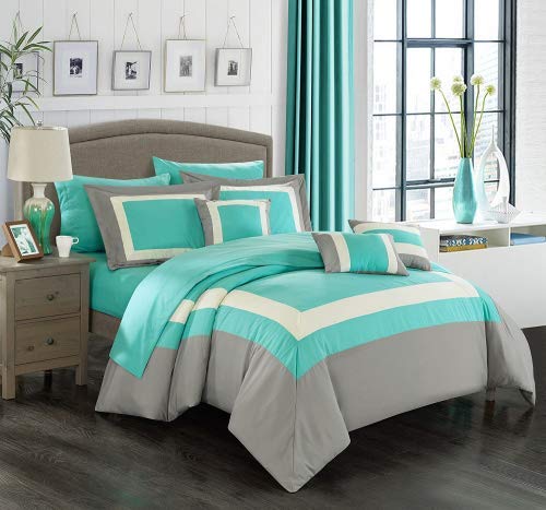 Chic Home Duke 10 Piece Comforter Set Complete Bed in a Bag Pieced Color Block Patterned Bedding with Sheet Set and Decorative Pillows Shams Included, King Turquoise