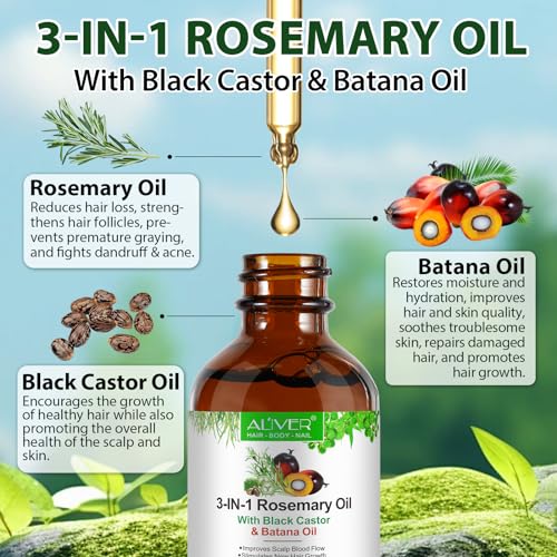 3-in-1 Natural Rosemary Oil 60ml - With Black Sesame and Batana Oil, Rich in Active Ingredients: Nourishes Scalp and Promotes Hair Growth