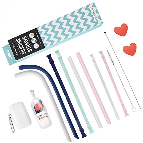 TAKEBEST Silicone Straws, Reusable Silicone Drinking Straws with Cleaning Brush and Carrying Case, Food Grade Portable Travel Straws for Kid Adult Men and Women