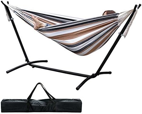 Oshion Double Camping Hammock Lightweight Portable High Strength Cotton Hammock Space-Saving &amp; Steel Carabiners include (Coffee Stripe)