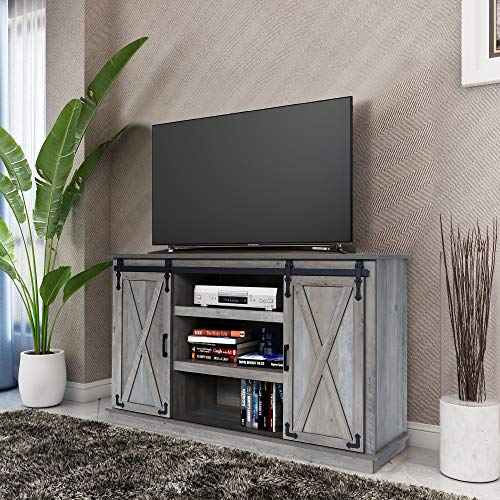 GHQME Sliding Barn Door TV Stand，58 Inch Storage Table，3 Tiers Wood