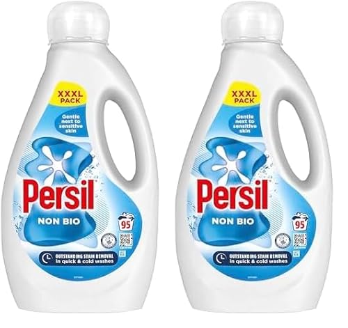 Persil Non Bio Laundry Washing Liquid Detergent outstanding stain removal in quick & cold washes tough on stains, gentle next to sensitive skin 95 washes (2.565 L) (Pack of 2)