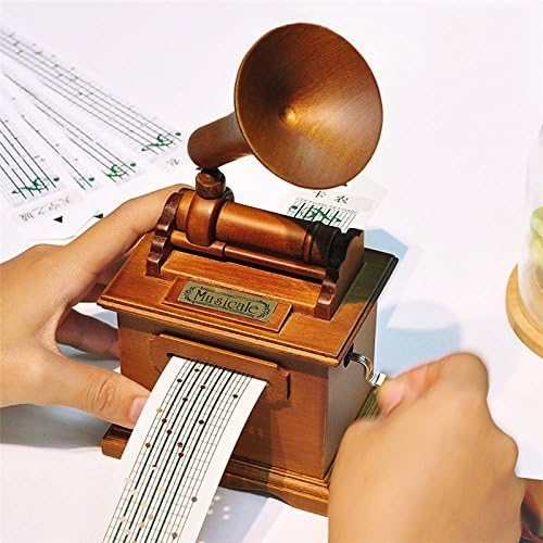Vintage Style Paper Tape Composting Wooden Hand-Cranked Phonograph Music Box + Puncher + 3 Music Tracks + 2 Blank Paper Birthday Wedding Decoration DIY Special Customized Collectibles Gift Toy