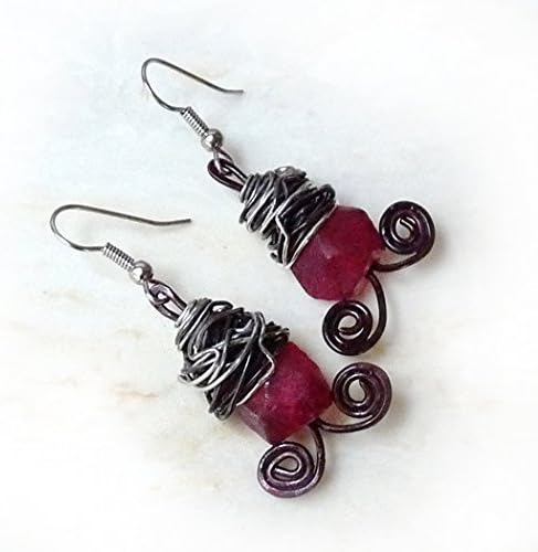 Copper, Steel &amp; Ruby Red Recycled Glass Dangle Drop Earrings - Rustic Wire Wrapped Dangles - Surgical Steel Ear Wires for Sensitive Ears, Handmade Gift for Women, Birthday Gift, Mother's Day Gift