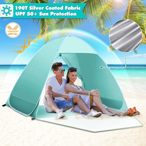 Beach Tent, Anti-UV 50+ Beach Tent with Zippered Back Door, Beach Shelter, 1-2 Persons, Small Packaging for Sun Protection, Beach, Garden