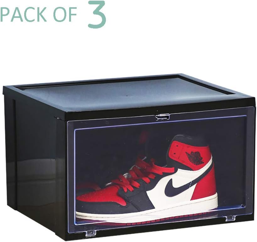TWIKIK Sneaker Shoe Box -3 Pack High Top Basketball Shoe Organizers Wall Shoe Storage Dust Free Save Space & Clear Closet Shelf Stackable Drop Front Side Opening Acrylic Shoe Container Store Holder
