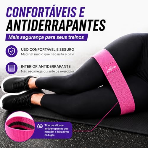 Kit 3 Faixas Elásticas Hip Band Premium | Antideslizantes e Não Enrolam | Potencialize seus Treinos | Bolsa + Guia de Exercícios e Cardápios Completos
