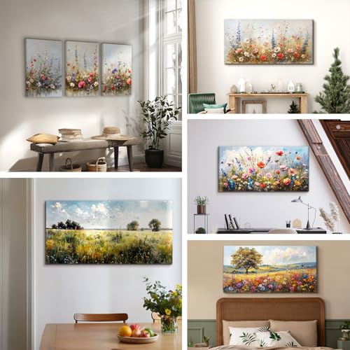 hyidecorart Large Modern Living Room Decoration Paintings, 59 x 119 cm, XXL Decorative Canvas, Wall, Bedroom, Decorative Wall Sheets, Blue Sky and Sea of Flowers, Wall Art Dining Room Office Hallway Bathroom