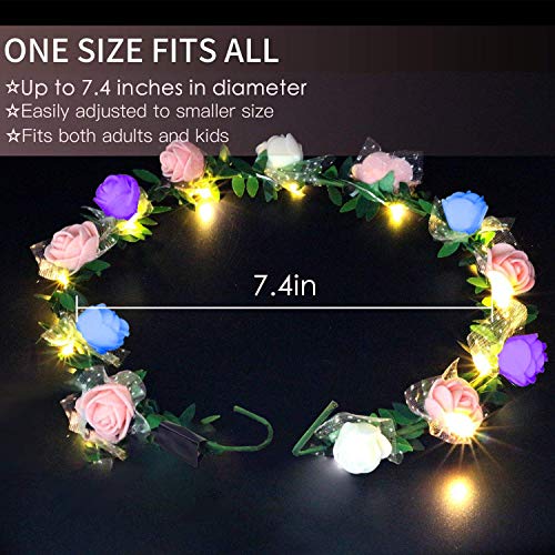          LED Flower Crown Glow in The Dark Party Favors, 12 Pack Adjustable Flower Wreath Headband Luminous 10 LED Flower Headpiece Flower Headdress for Girls Women Wedding Holiday Gifts Dress Up Accessories - Thumbnail 4