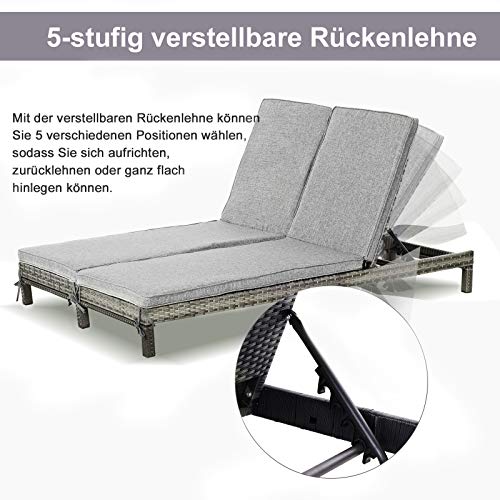 Outsunny Polyrattan Doppelliege Sonnenliege Gartenliege für 2 Personen Relaxliege Luxus Lounge 5-stufige Rückenlehne Metall PE Rattan Grau 196 x 120 x 28 cm – Bild 4