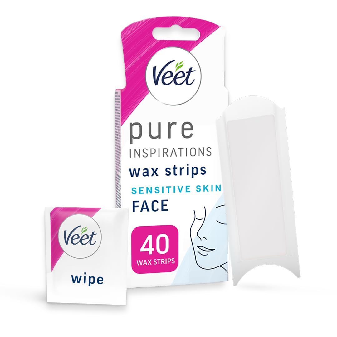 Veet Pure Cold Strips for Sensitive Facial Skin, 40 Count + 4 Finish Wipes, Root Hair Removal, 28-Day Smoothness, Hypoallergenic, Hot Kit Alternative (Packaging Varies)