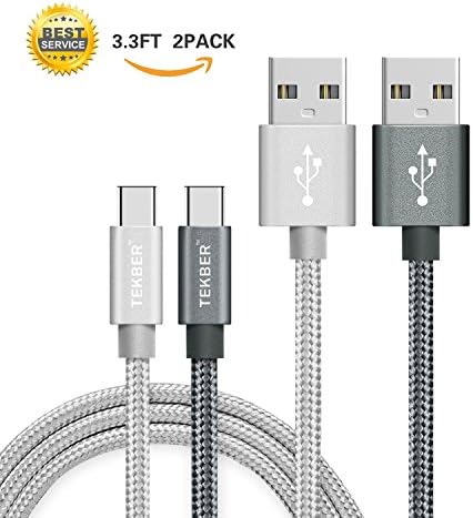USB Type C Cable, TEKBER USB C Cable 3.3Ft(2-PACK) Nylon Braided Long Cord USB Type A to C Fast Charger Oneplus 5, LG G6 V20 G5,Google Pixel Nexus 6P 5X Nintendo Switch Samsung Galaxy S8+(Grey&amp;Silver)