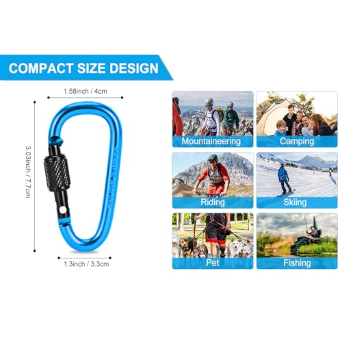 IEBUOBO 10 Pack Aluminum D Ring Key Rings Hiking Clips Locking Carabiner for Hiking Camping Fishing and Outdoor Use，Clips with Screw Gate Multicolored