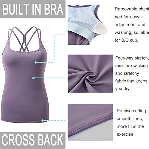 OVESPORT Sports Tank Tops for Women Bulid in Bra Workout Yoga Shirt with Removed Pads Strappy Back Fitness Activewear (BX2281, Purple, S) - Thumbnail 6