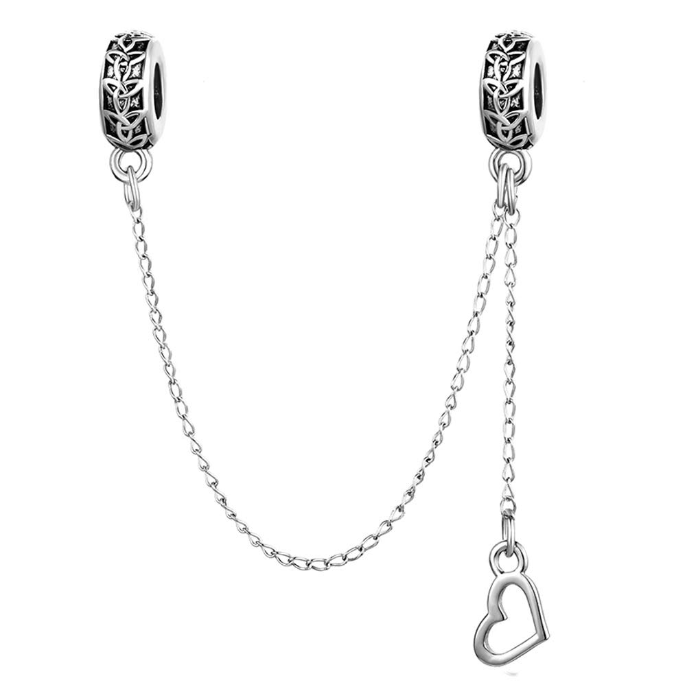 Love Heart Safety Chain Charm Stopper Bead for Pandora Style Charm Bracelet Birthday Dangle Gift for Women Daughter