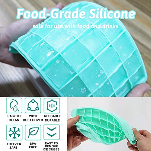 FADIKX Silicone Ice Cube Tray With Lid 36 Ice Cube Molds With Scoop Ice Tongs Silicone Funnel & Wooden Hammer Ice Box Container for Freezer,Chilled Drinks, Whiskey, Cocktail, Food(Blue or Green))