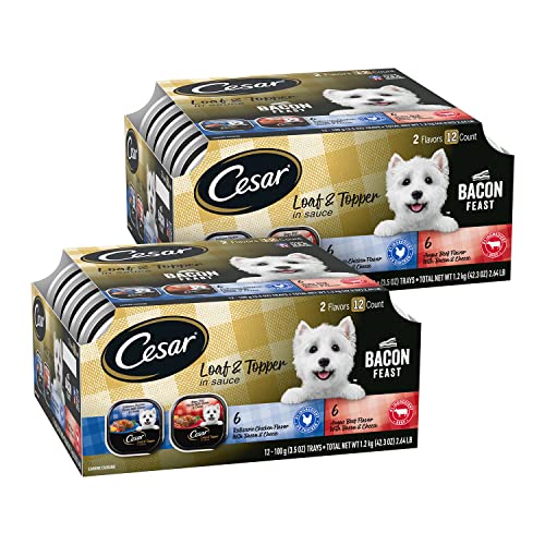 CESAR Adult Wet Dog Food Loaf & Topper in Sauce Bacon Feast Variety Pack, 3.5 oz. Easy Peel Trays, Pack of 24