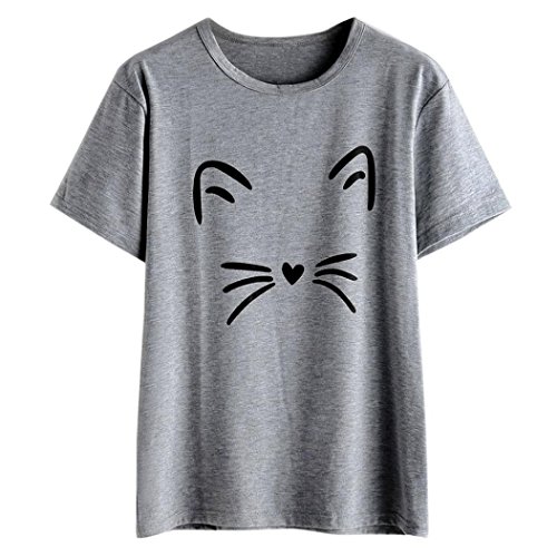Howley Women Fashion Casual Short Sleeve O-Neck Cat Printed Causal Blouse Tops T-Shirt (deep Grey, S)
