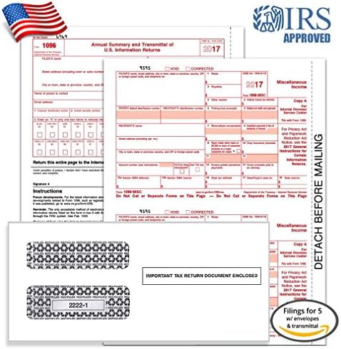 1099 NEC Tax Forms (Replaces 1099 MISC) for 2021 4-Part Form Sets for 5 Vendors, 2X 1096 Summary, and Confidential Envelopes (Filings for 5)