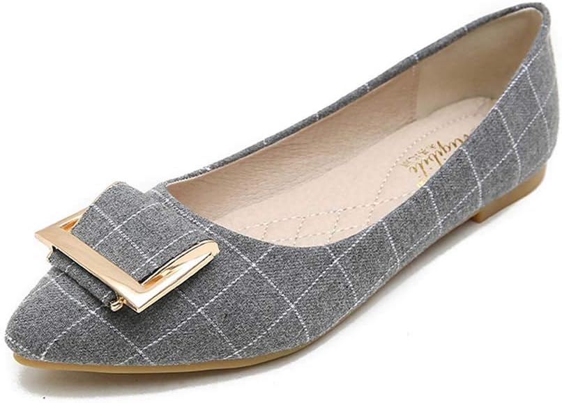 Dejian Women Pointed Toe Ballet Flats Shoes Slip On Casual Metal Buckle Plaid Ballerina Ballet Flats