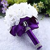 Mikey Store Bridal Artificial Silk Flowers Crystal Roses Pearl Bridesmaid Wedding Bouquet (Purple)