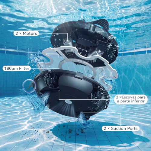 Robo Aspirador Piscina Sem Fio Por 130min, Até 102㎡, Filtro 180μm | Aspirador de Piscina com Recarga 3h, IPX8, Vedação Total sem Vazamentos, para Todos os Tipos de Piscina