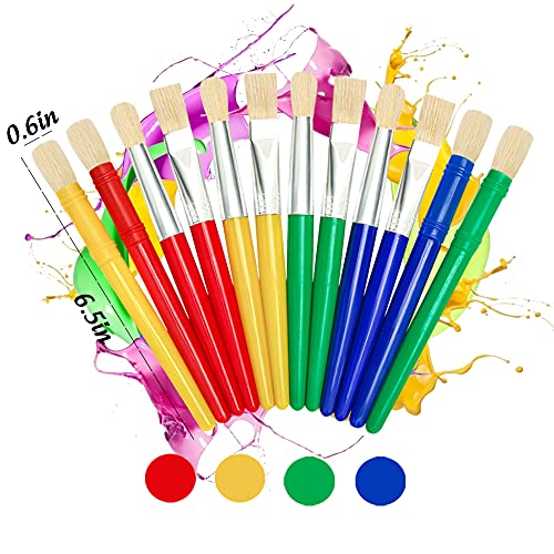 MCPINKY Paint Brushes for Kids, 12PCS Big Washable Chubby Paint Brushes Round and Flat Preschool Paint Brushes with No Shed Hog Bristle for Washable Paint Acrylic Paint