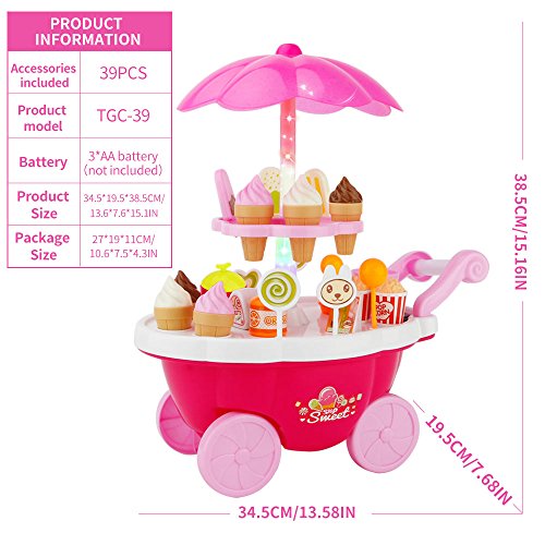 Sotodik 39PCS Ice Cream Candy Cart 39 PCS Pretend Play Food Dessert and Cash Trolley Set Toys with Music and Lighting Kids and Girls Toyselody For Girls and Kids