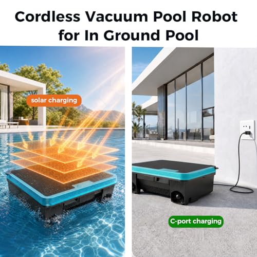 Curalk Over-Ground Robotic Pool Cleaner,Solar Powered Pool Vacuum,24H/7D Continuous Cleaning, 180-um, 3L Filtration Basket,APP Support, Automatic Pool Skimmer Robot,APP Support (Black-Blue)