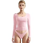 SUUKSESS Women Double Lined Fitted Basic T Shirts Scoop Neck Long Sleeve Crop Top