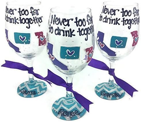 Hand Painted State to State "Never too far to drink together" Wine Glass Personalized