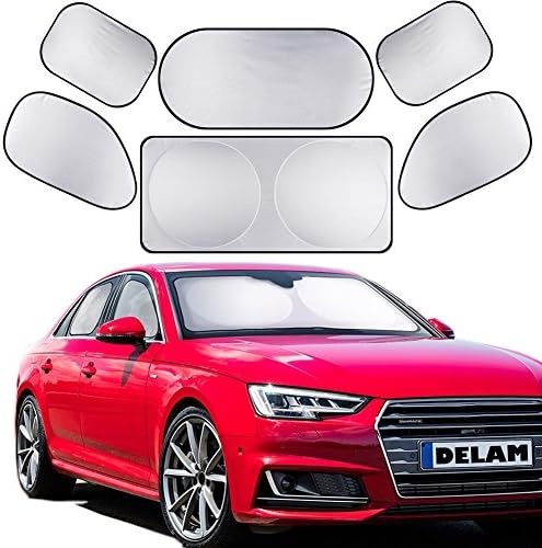DELAM Car Window Sunshade For Car Windshield / Rear / Side Window Universal Fit Car Shade (6 PCS + 12 Suctions) With Folding Silver Reflective UV Protection For Baby