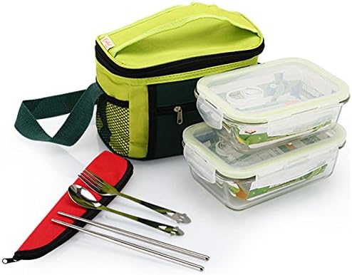 Premium Glass Food Storage Containers,Meal Prep Lunch Box Set with Lids Lock and Spoon, Fork&amp; Chopsticks &amp; Heat Insulated Bag (830ml+700ml)